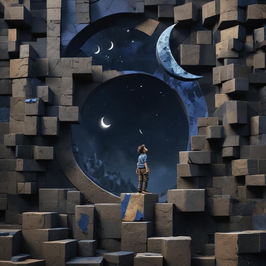 Boy Reaching Moon: Geometric Matte Painting