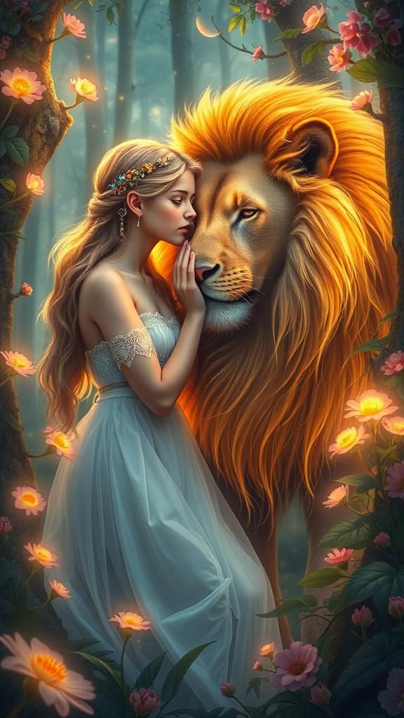 maiden tenderly kissing a majestic golden-maned lion