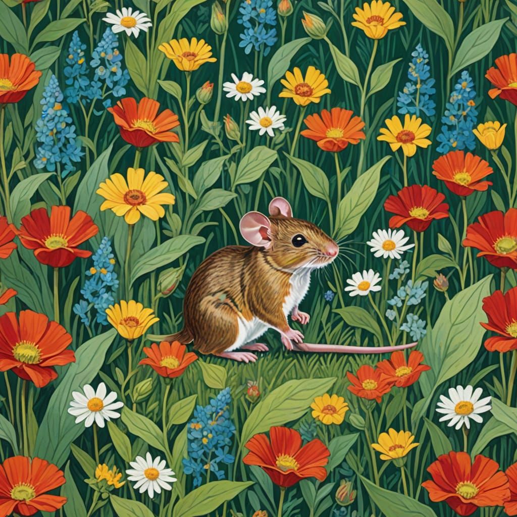 Regal Field Mouse and Elegant House Mouse in Vibrant Meadow