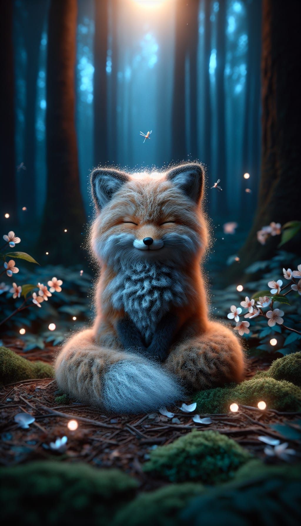 Adorable Fox in Moonlit Forest: Digital Artwork