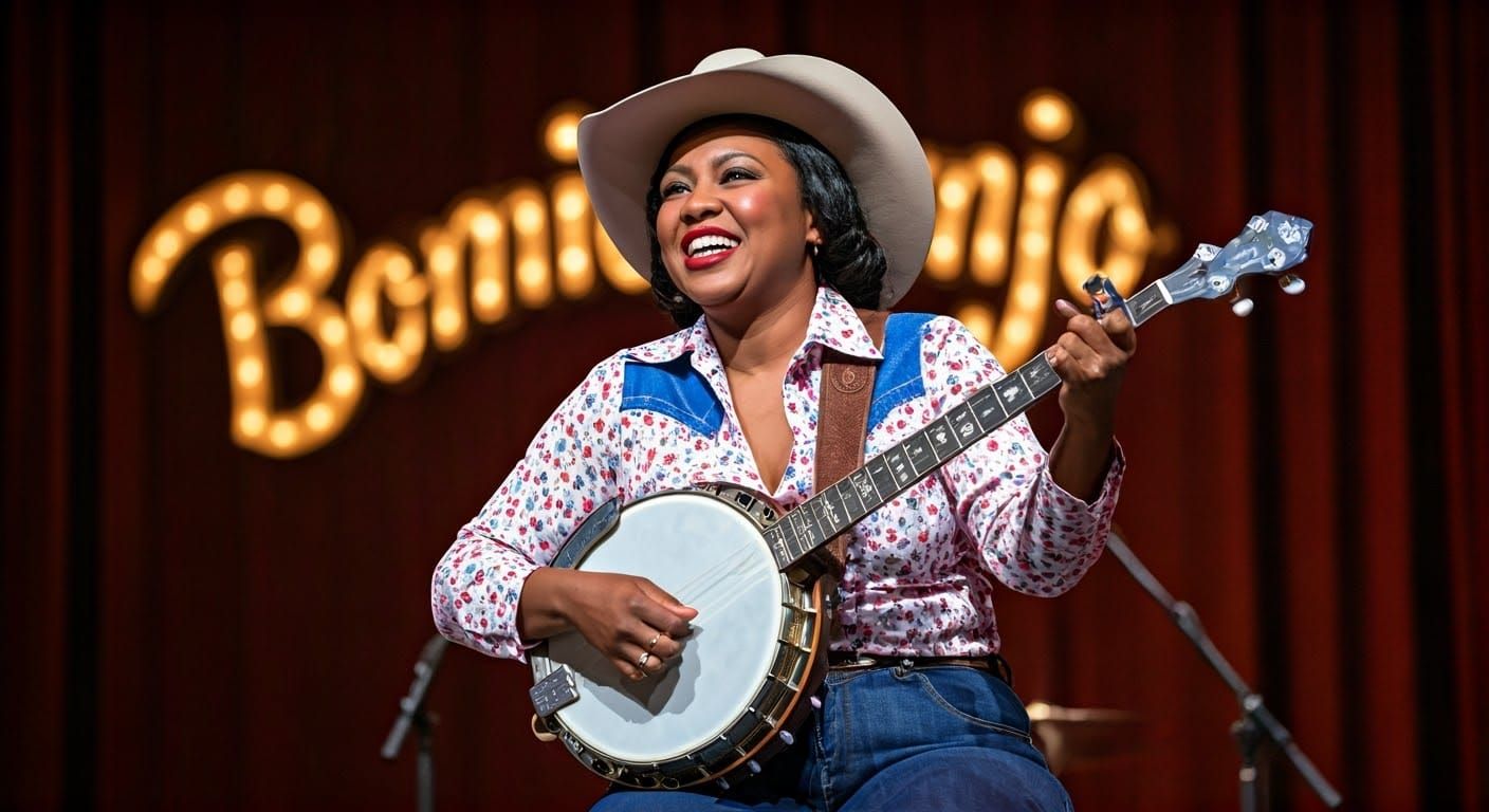Young Black Woman Playing Banjo on Stage