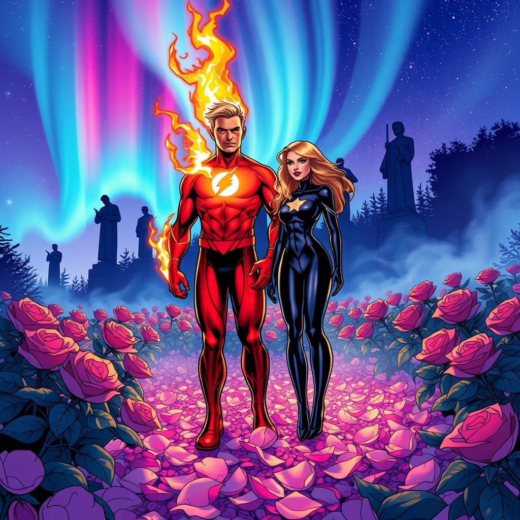 Comic Book Heroes in a Rose Petal Garden