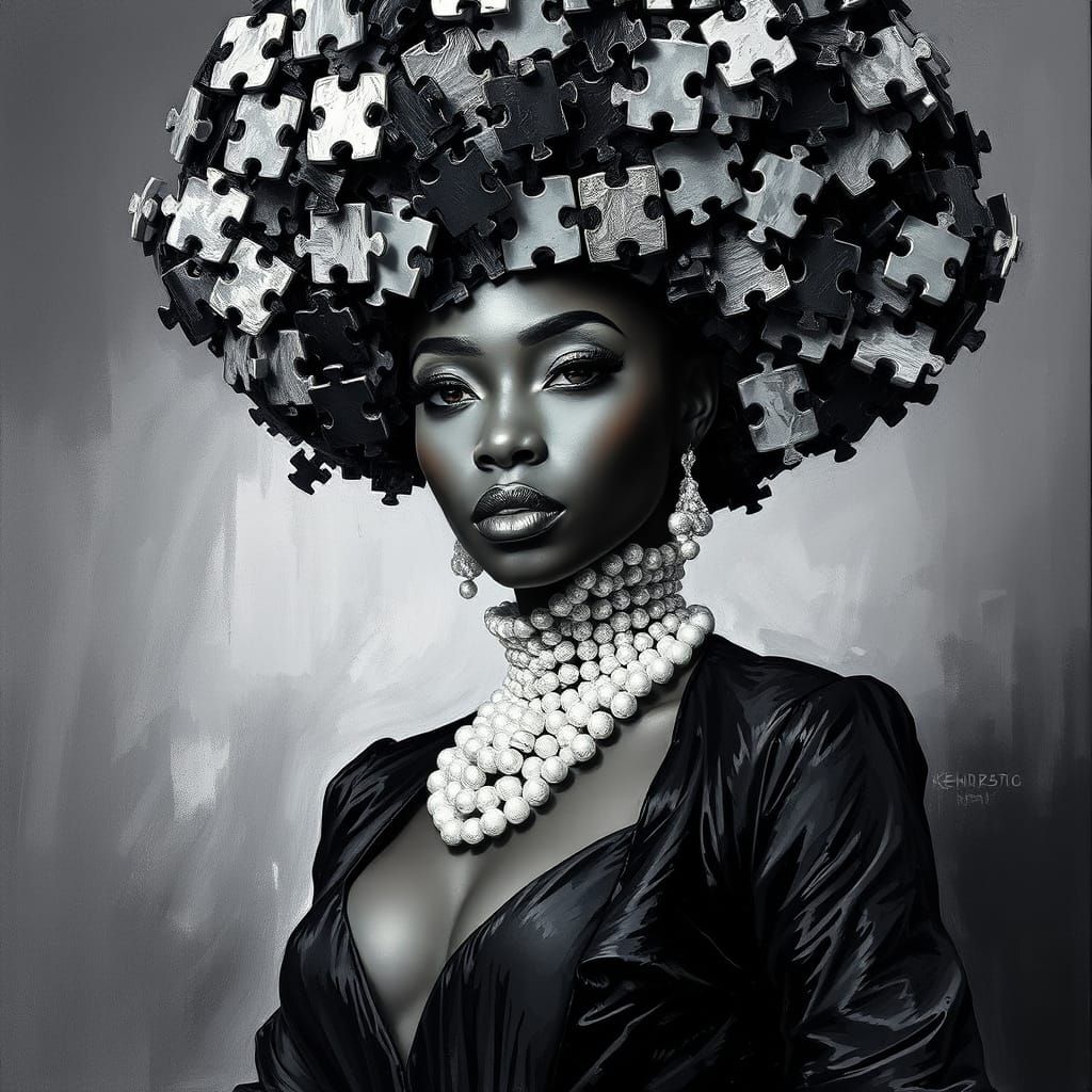 Elegant Woman in Shifting Puzzle Hat, Monochromatic Impasto ...