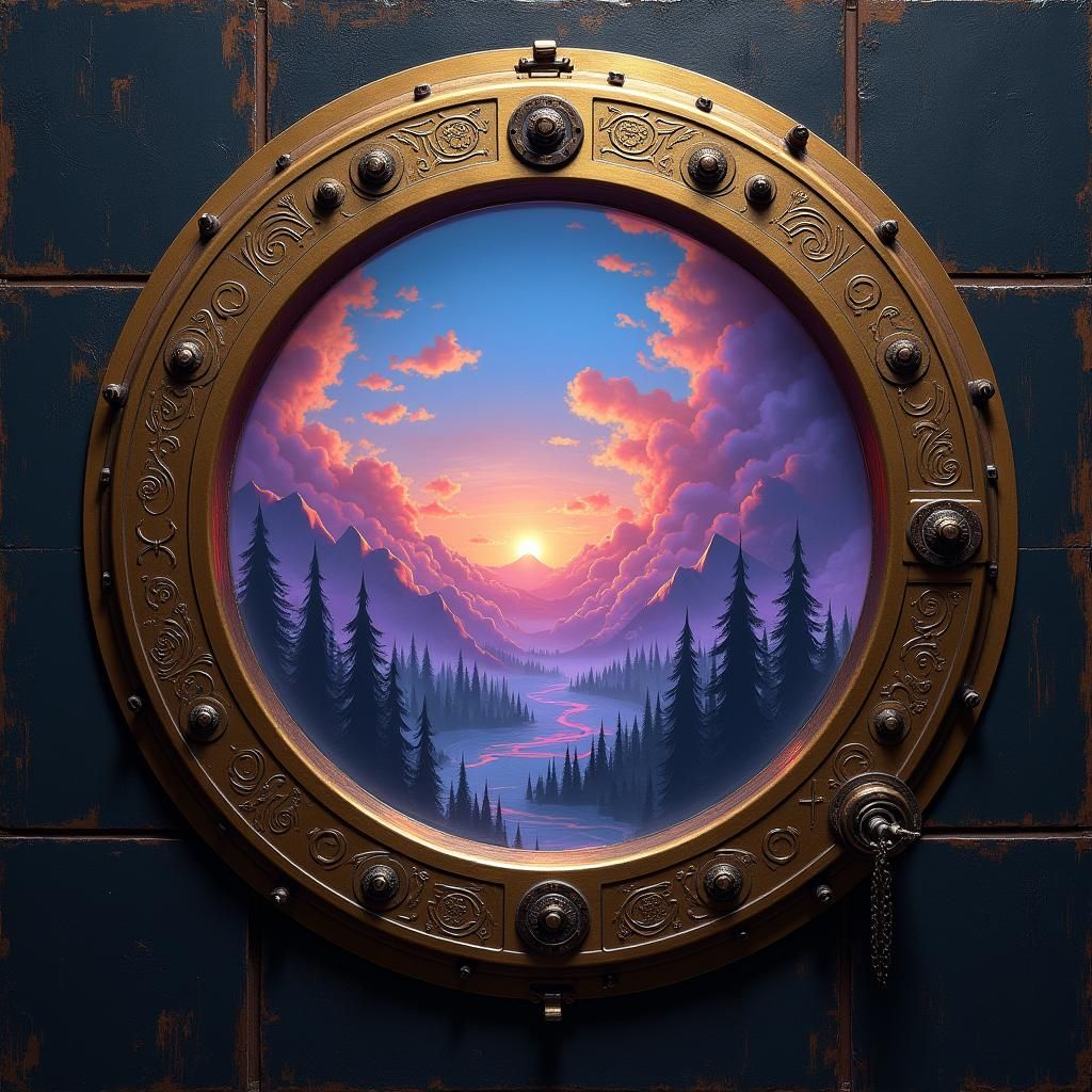 Otherworldly Landscape Through Golden Porthole