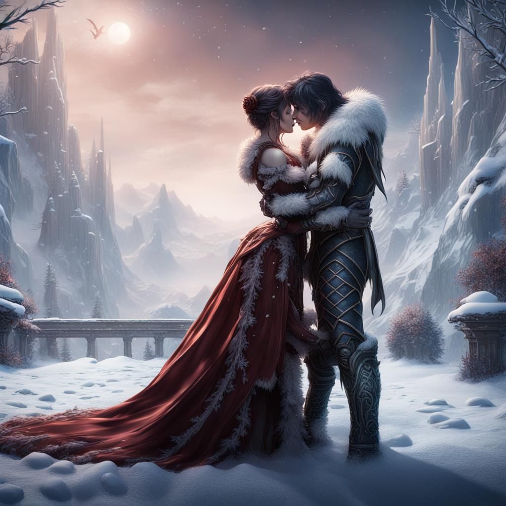 Romantic Kiss in a Snowy Fantasy Landscape