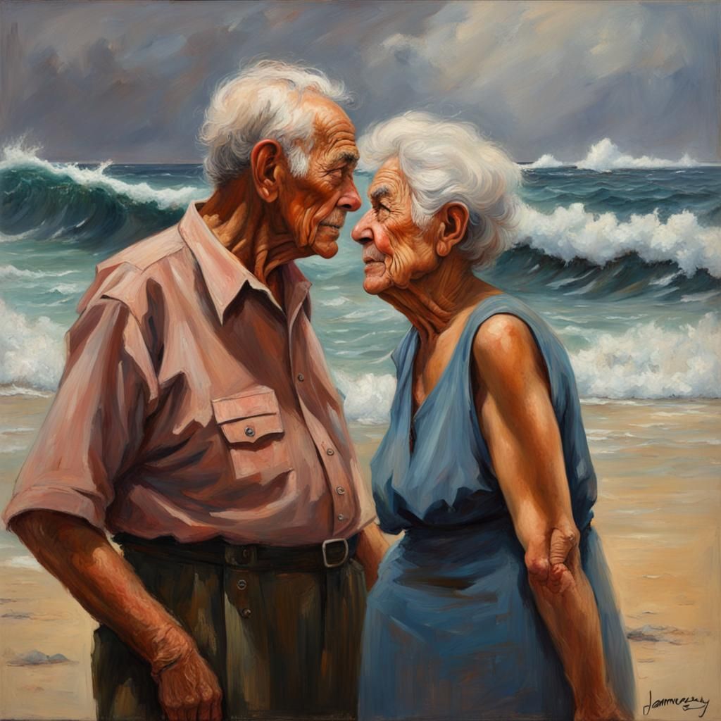 Elderly Couple Face Tsunami: Oil Painting