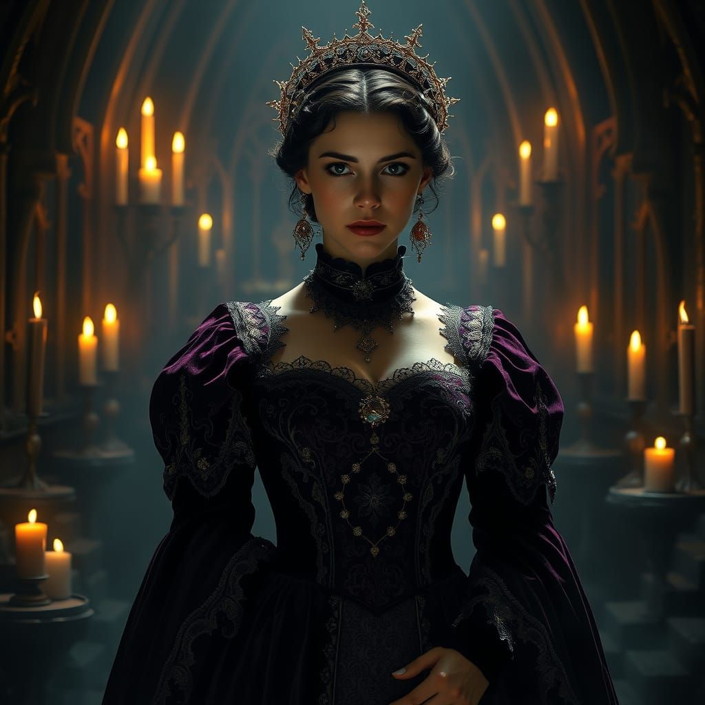 Dark Fantasy Anne Boleyn in Lavish Gown with Mystical Accent...