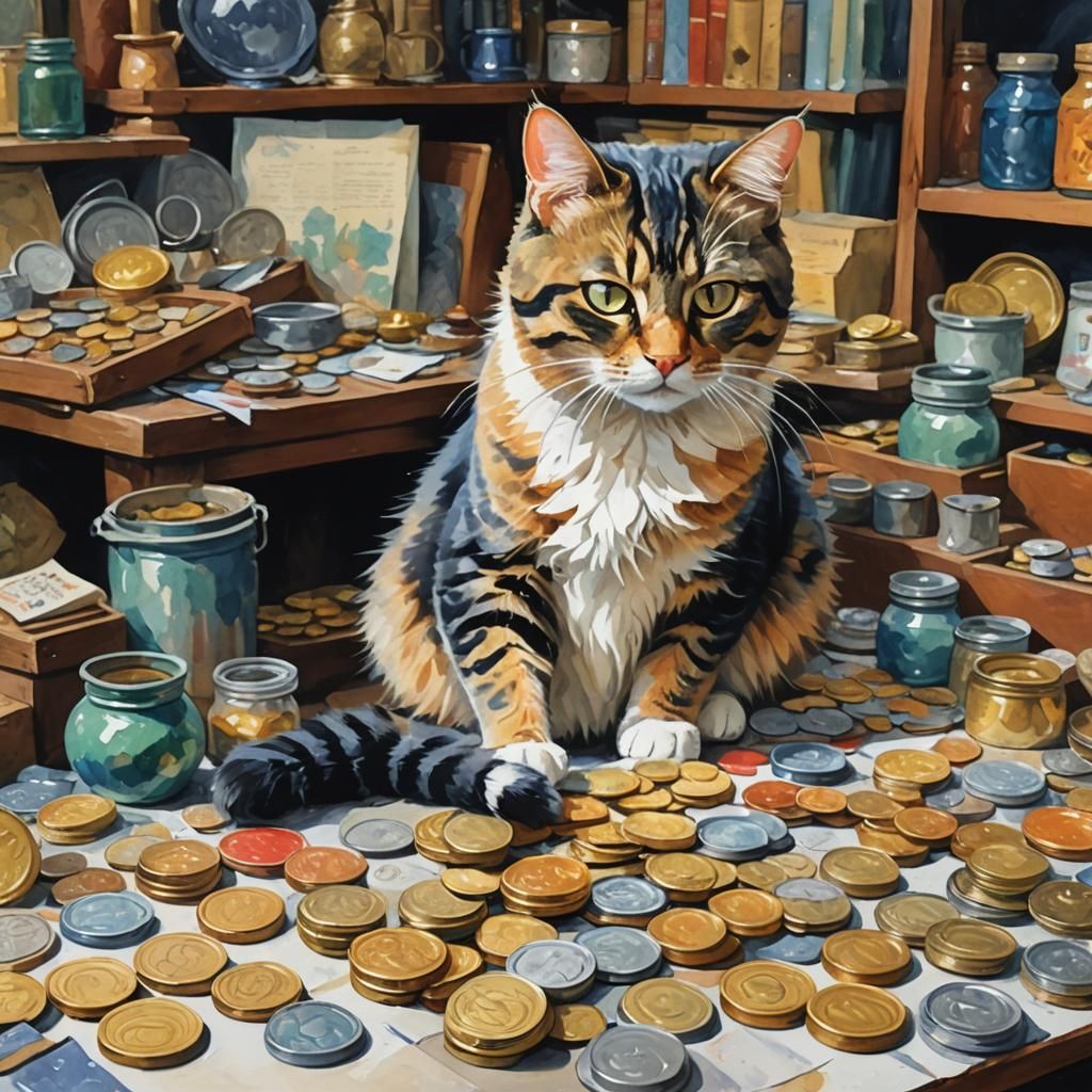 Cat Curates Coin Collection in Gouache Style