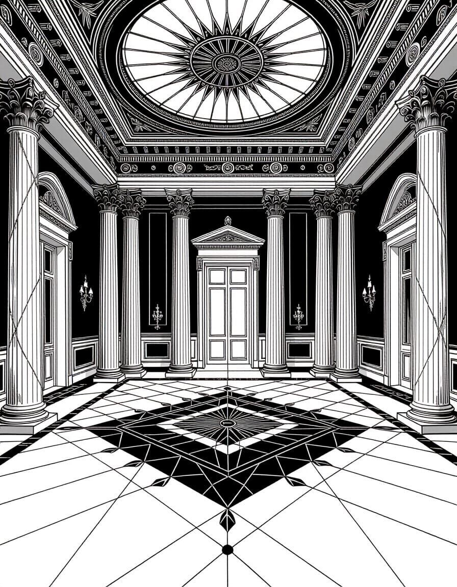 Symmetrical Interior in Fine Line Art Style