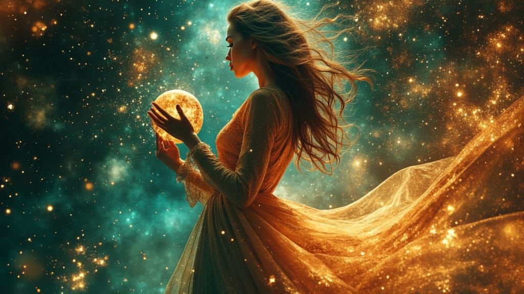 Celestial Woman in Starlight Gown Amidst Nebulae