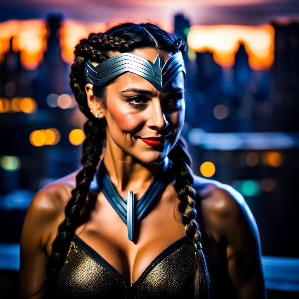 Latina Superheroine in Gotham City at Night