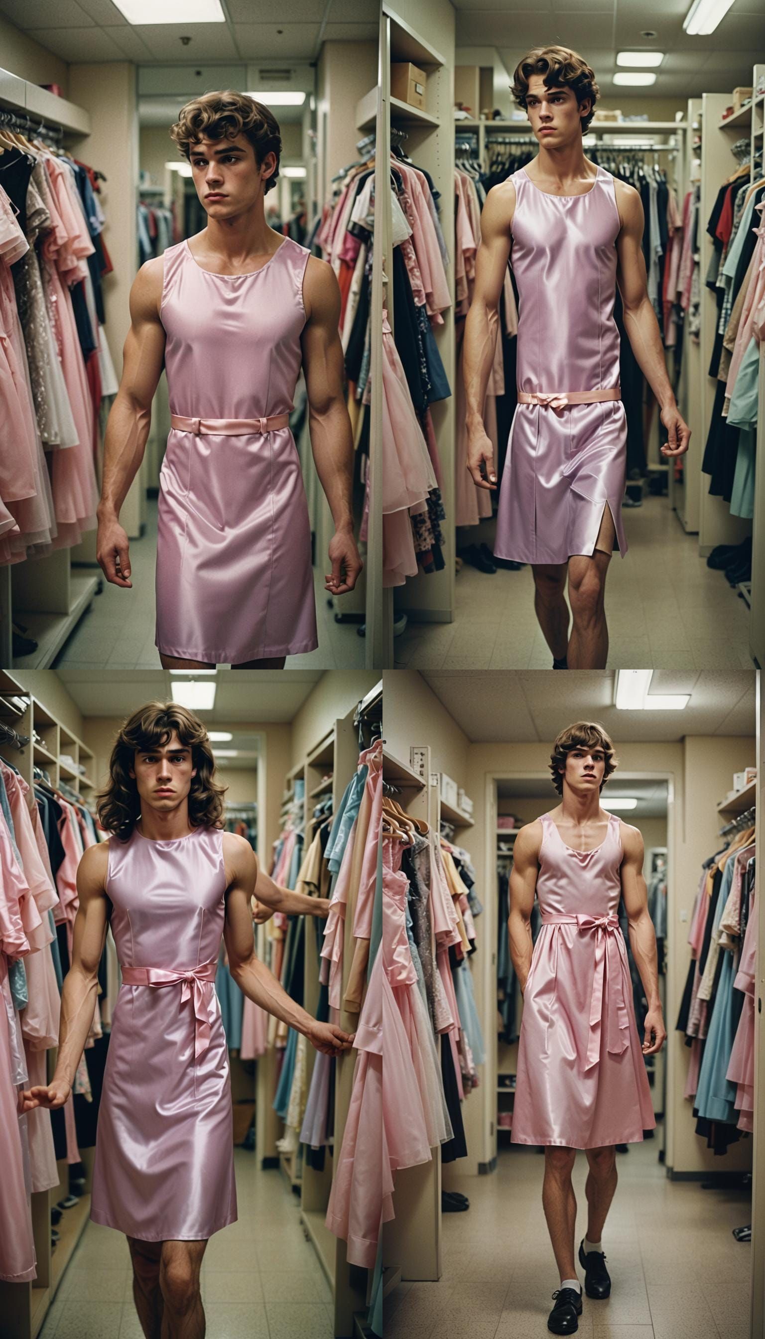 Masculine Teen Crossdressing in Fitting Room: Cinematic Stil...