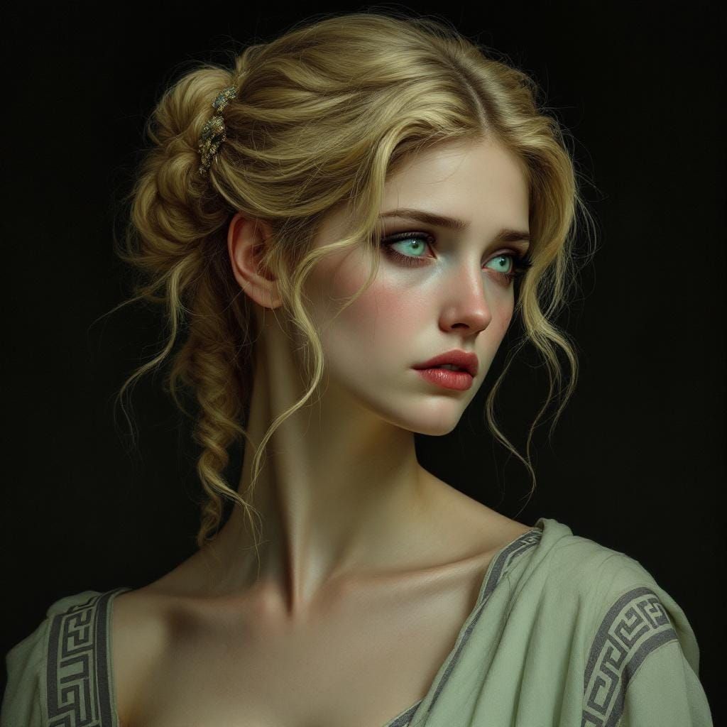 Waifish Greek Woman in Dark Romantic Painting Style