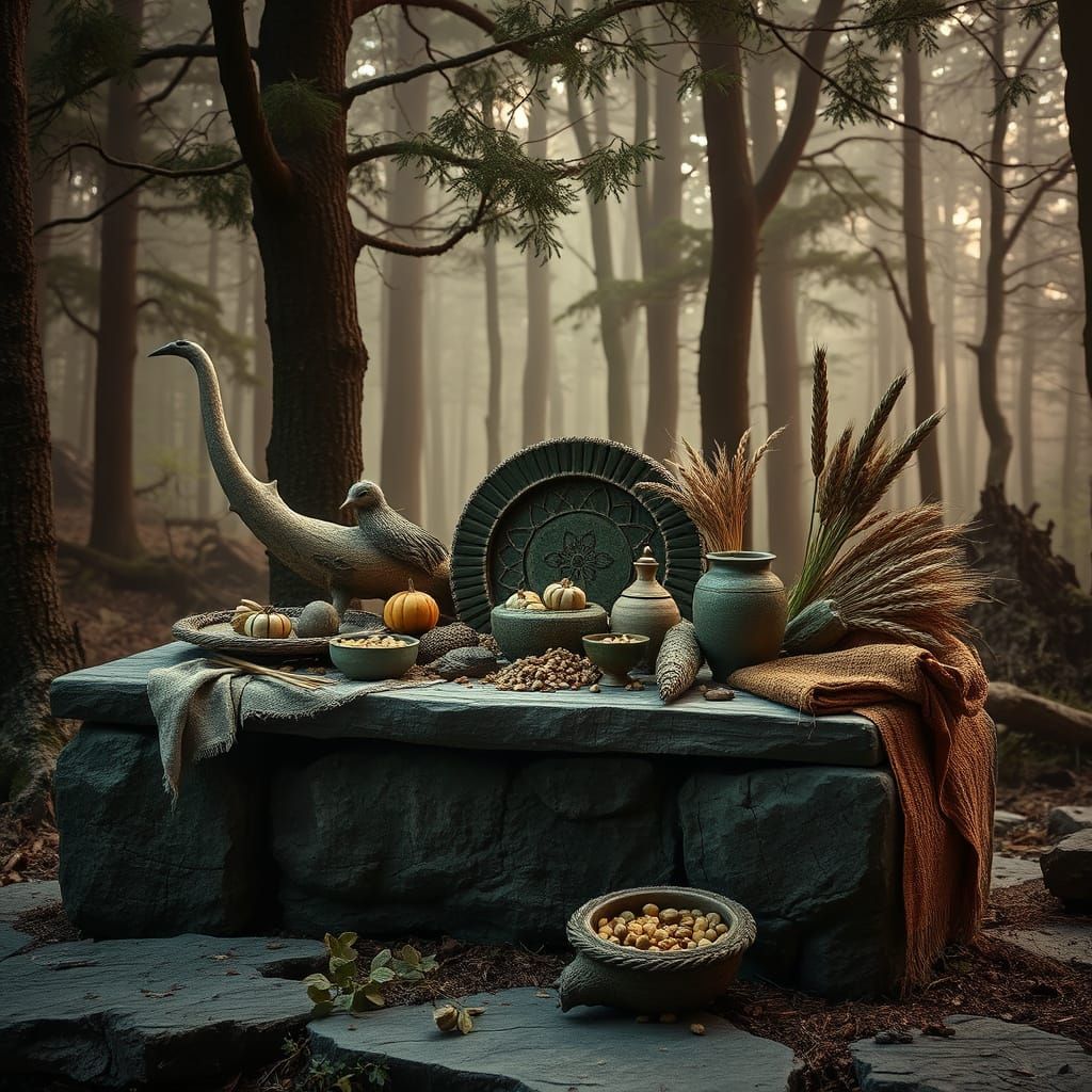 Ancient Baltic Pagan Offerings in Primeval Forest