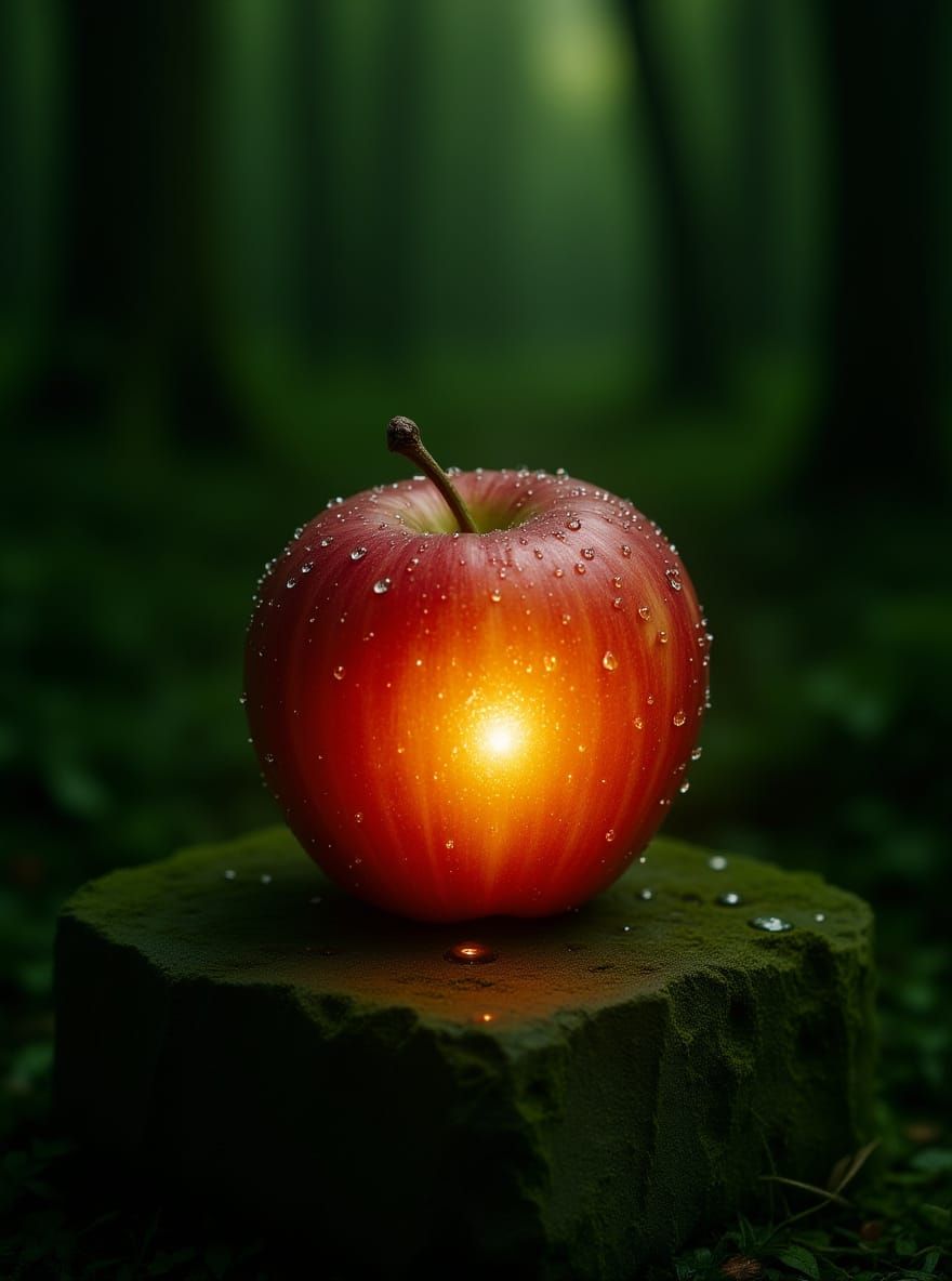 Cinematic. A close-up shot of a single, perfectly ripe apple...