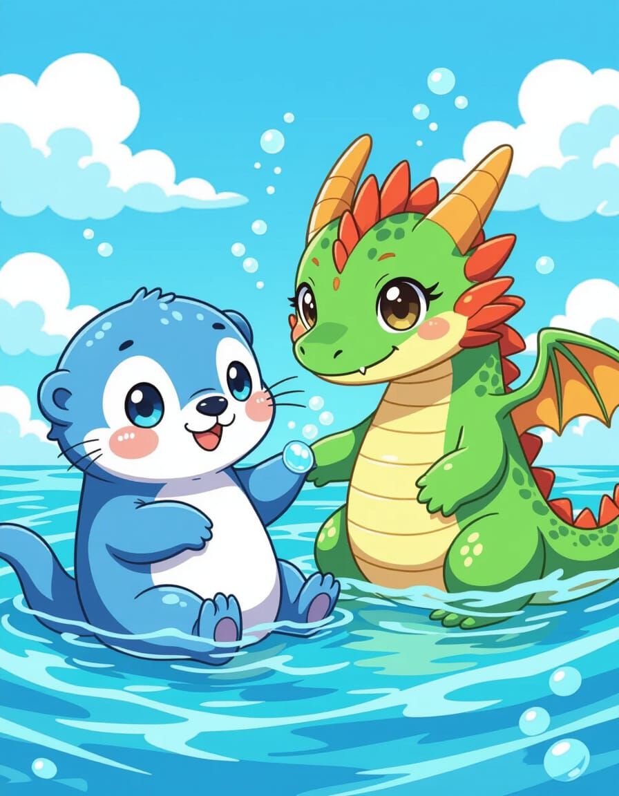 Cute Chibi Sea Otter and Dragon in Bright Ocean Anime Style