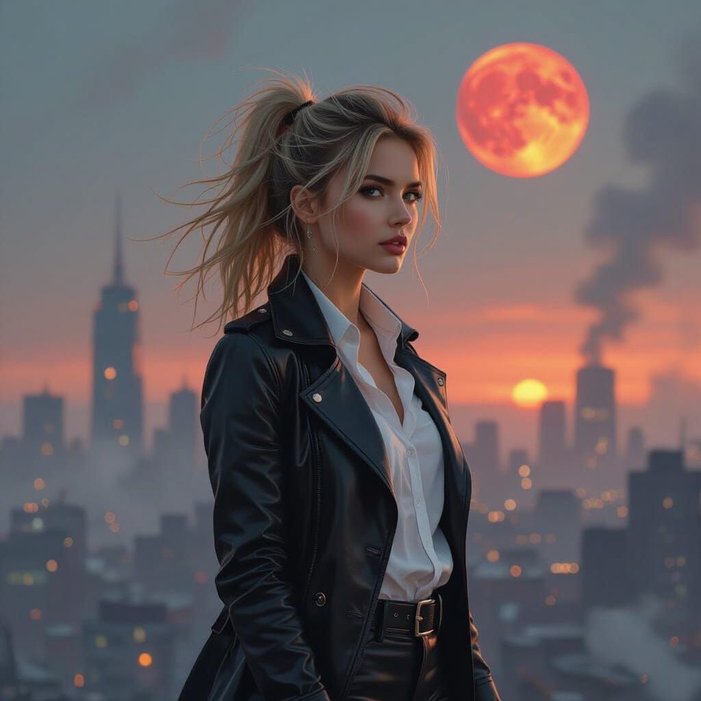 Dystopian Woman in Cityscape with Red Moon