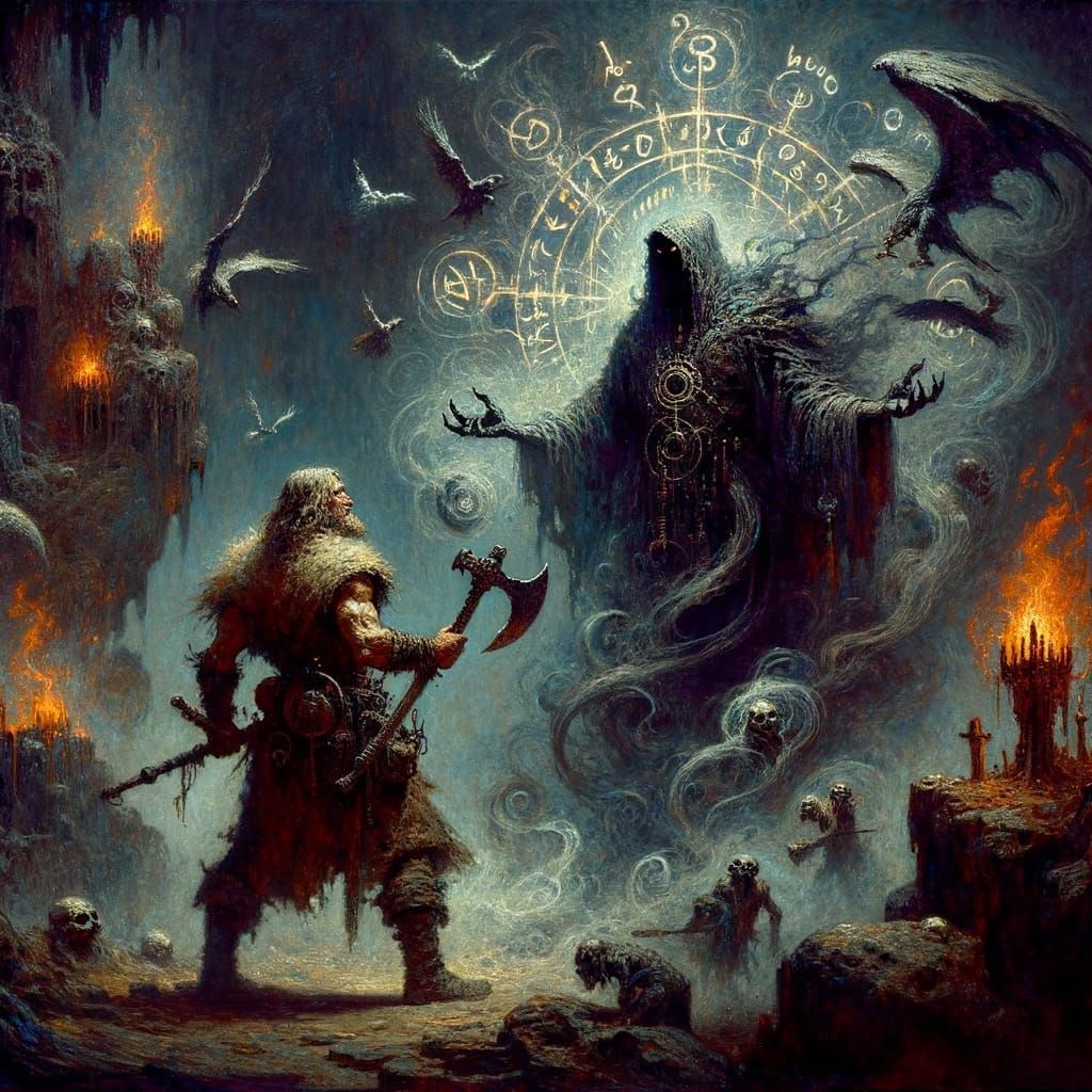 Barbarian Confronts Dark Sorcerer in Mystic Cave