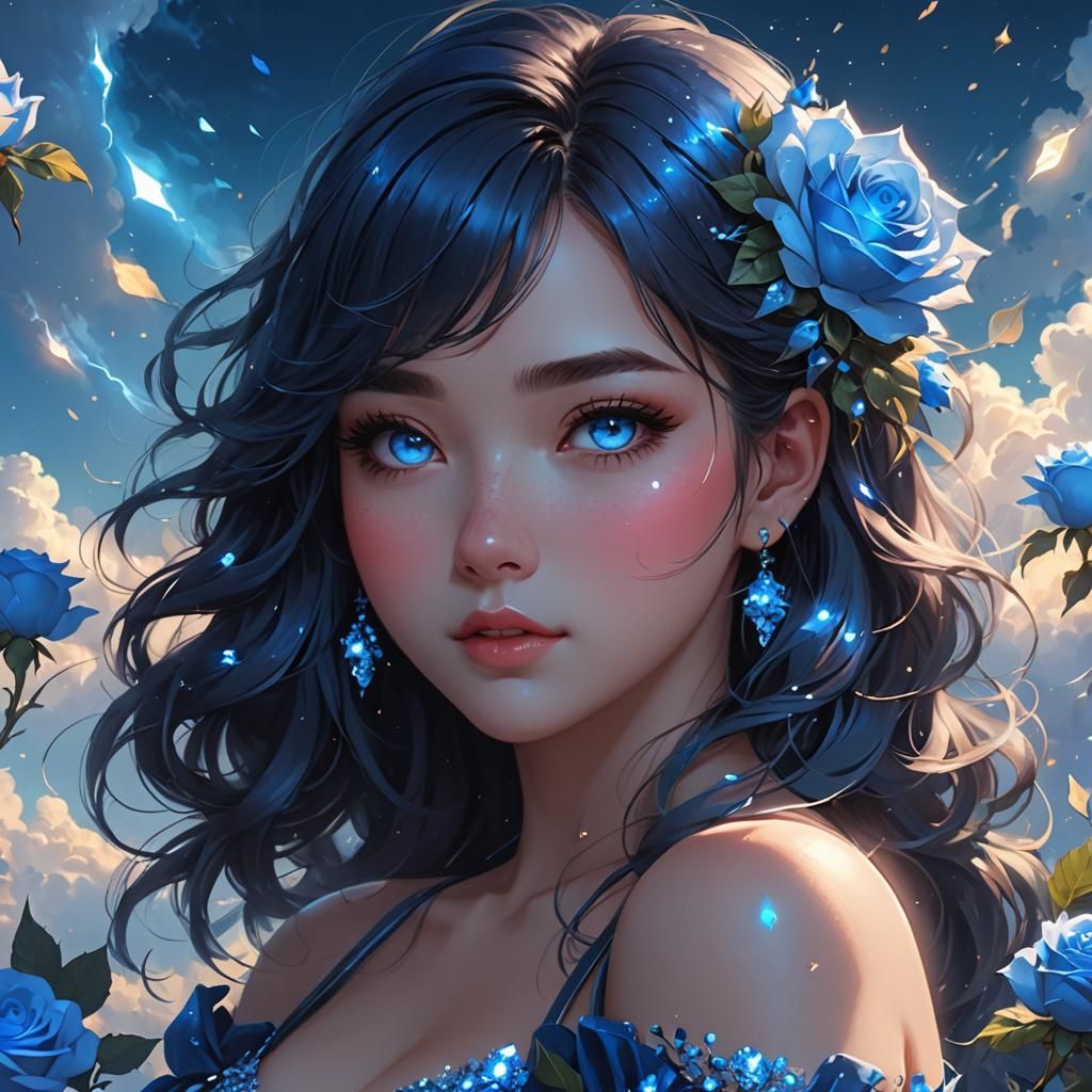 Cute Blue Girl Digital Illustration with Roses