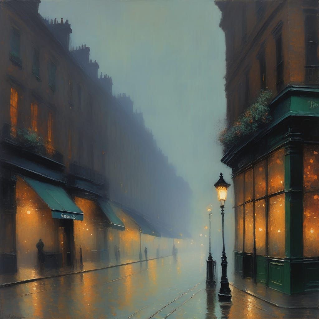 Misty Gaslit Street at Night in Impressionist Style