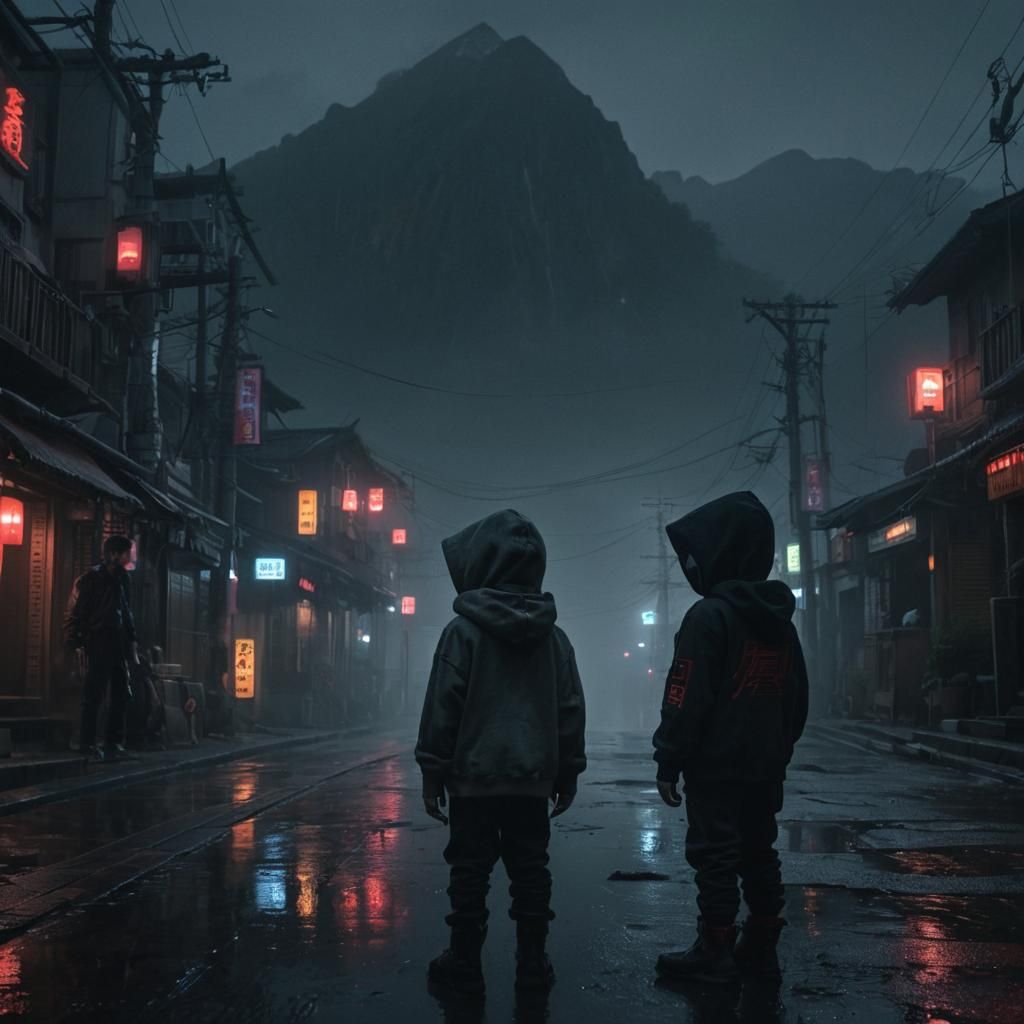 Cyberpunk Village: Child and Robot in Gritty Sci-Fi