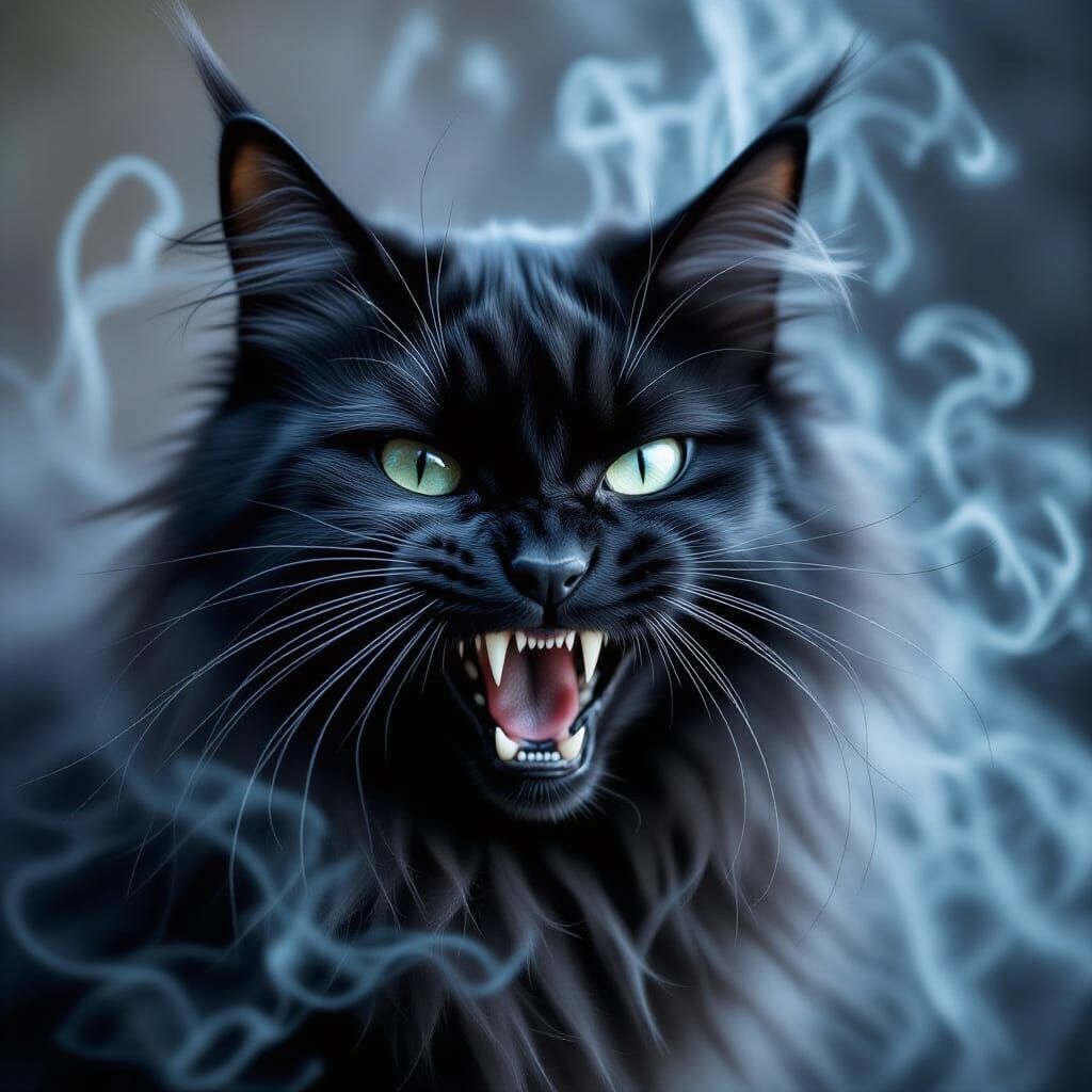 Ghostly, ethereal, Black cat  fur made from silk threads and...