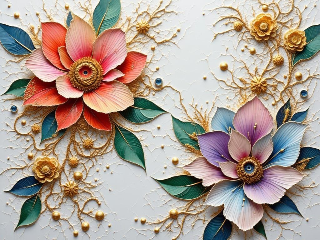 Surreal Mosaic with Fractal Lace and Golden Filigree