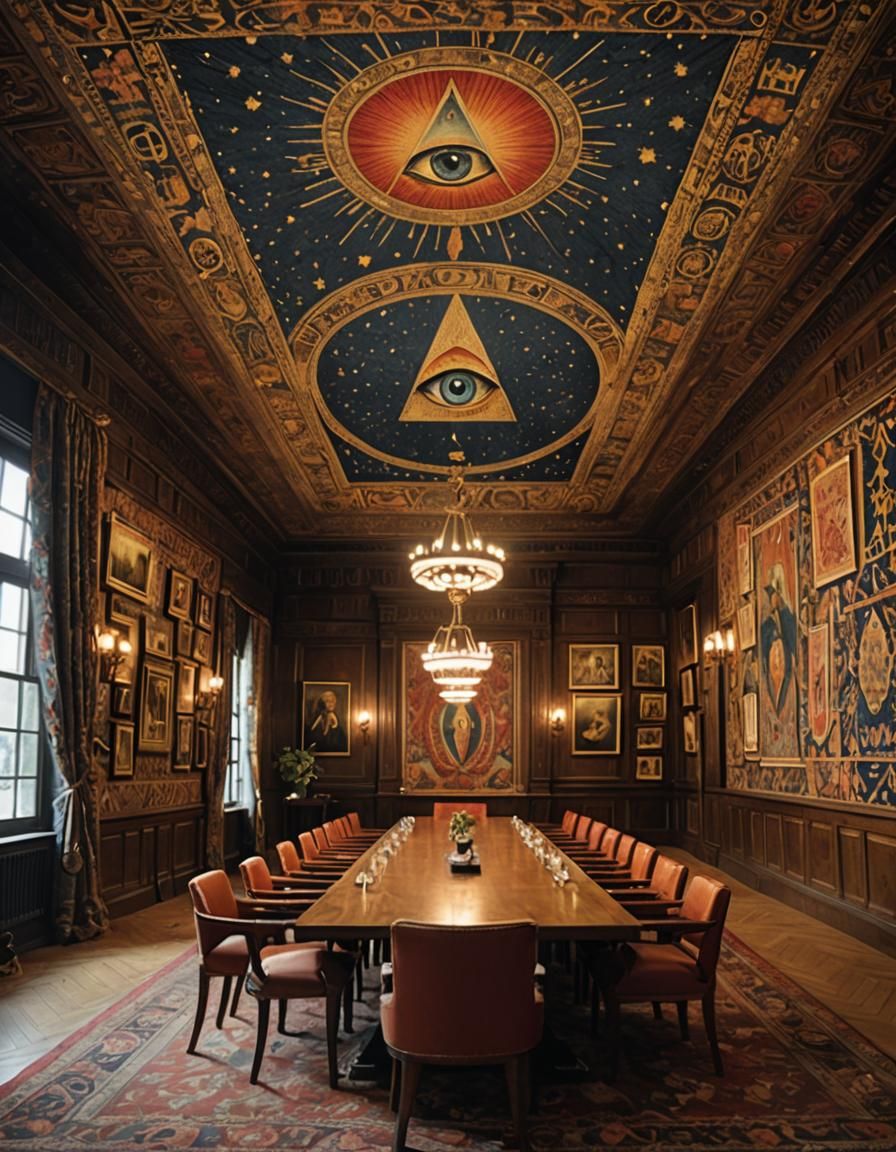 Humorous Illuminati Meeting in a Dark Cinematic Style