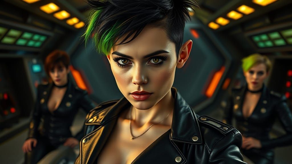Confident Woman with Neon Hair in Sci-Fi Epic Mood