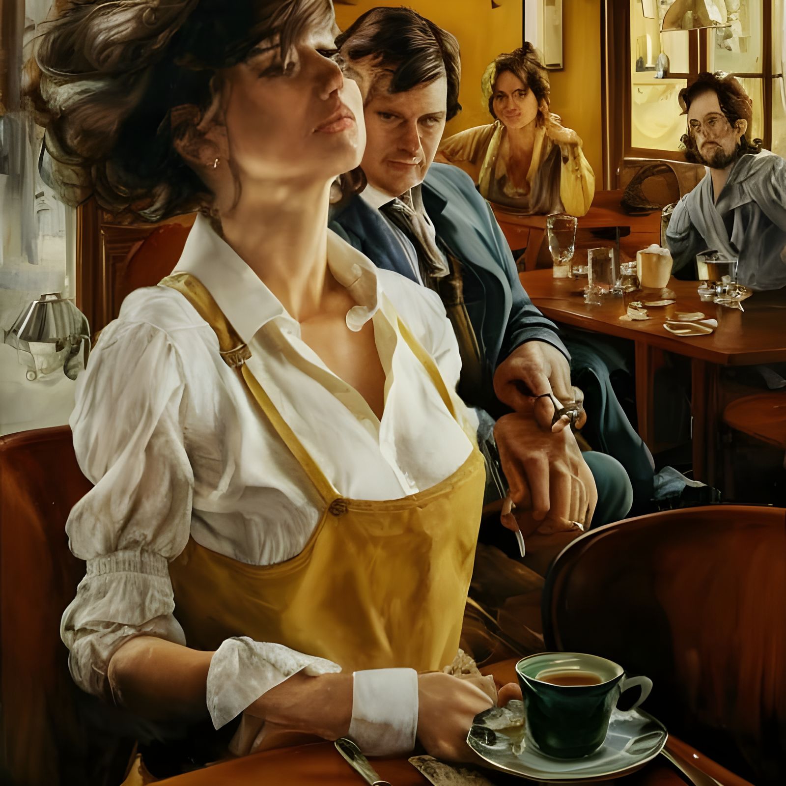 Beautiful Woman Enjoying Tea in Cafe: Photorealistic Portrai...