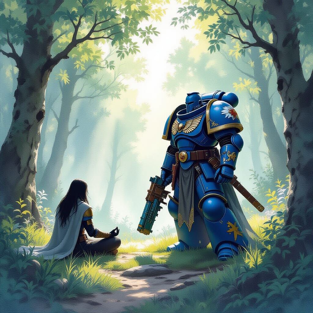 Warhammer Space Marine and Meditator in Tranquil Forest