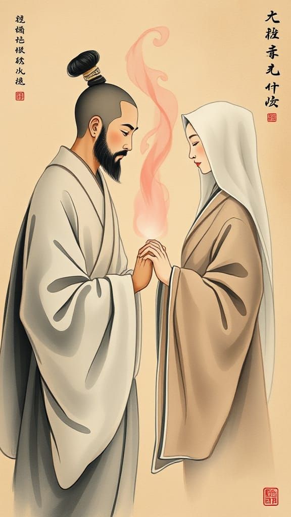 Elegant Monk and Nun Embracing in Soft, Serene Flames