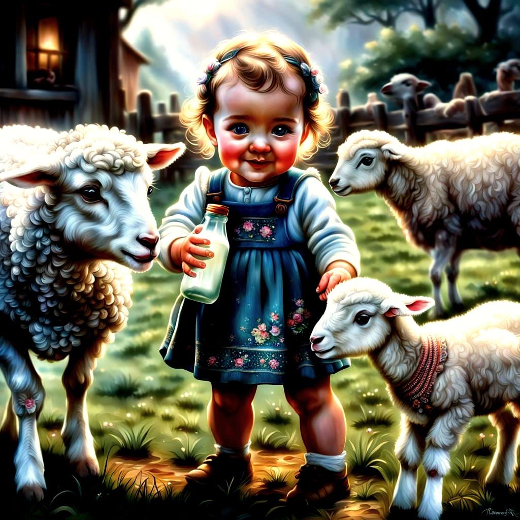 Baby Girl Feeds Lamb in Hyperrealistic Style