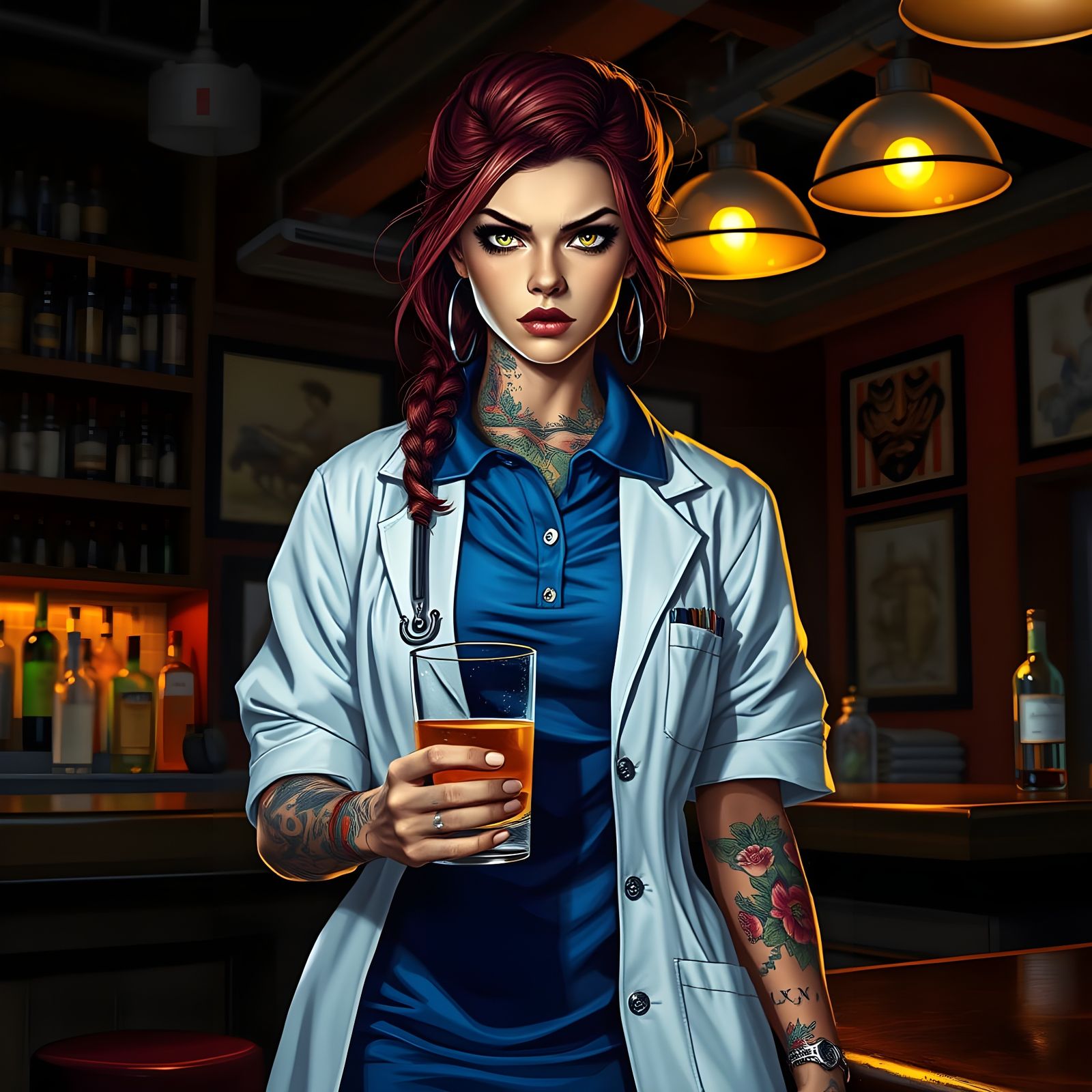 Defiant Tattooed Dentist in Dimly Lit Bar