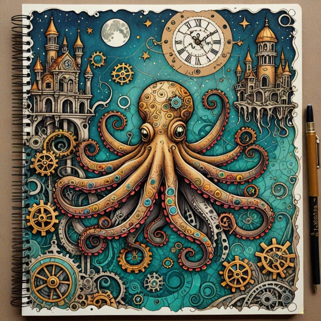 Steampunk Octopus Exploring Sunken City in Doodle Art