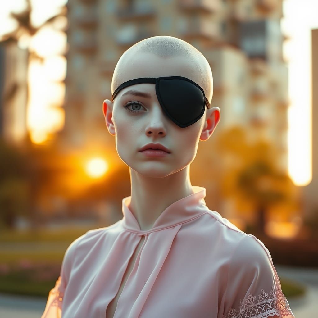 Bald Woman with Eyepatch in Urban Park, Fine Art Photography