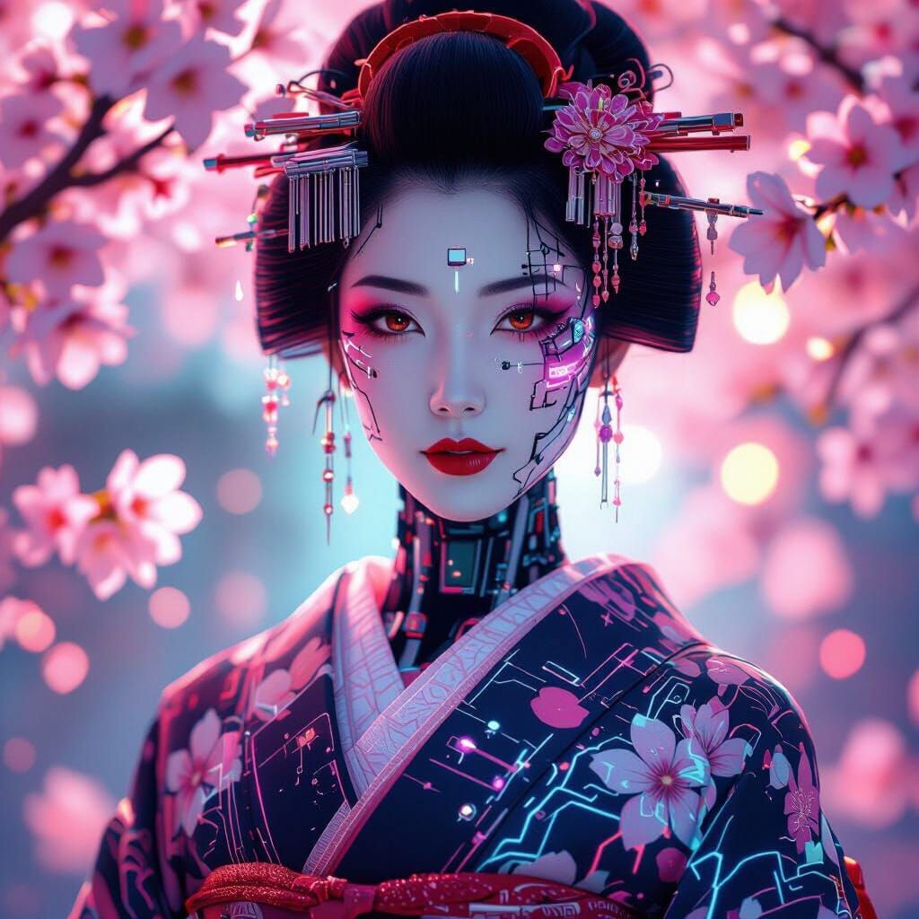 Cyborg Geisha with Neon Cherry Blossoms