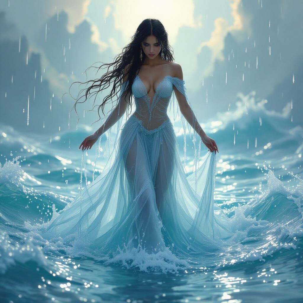 Ethereal Water Goddess in Flowing Gown