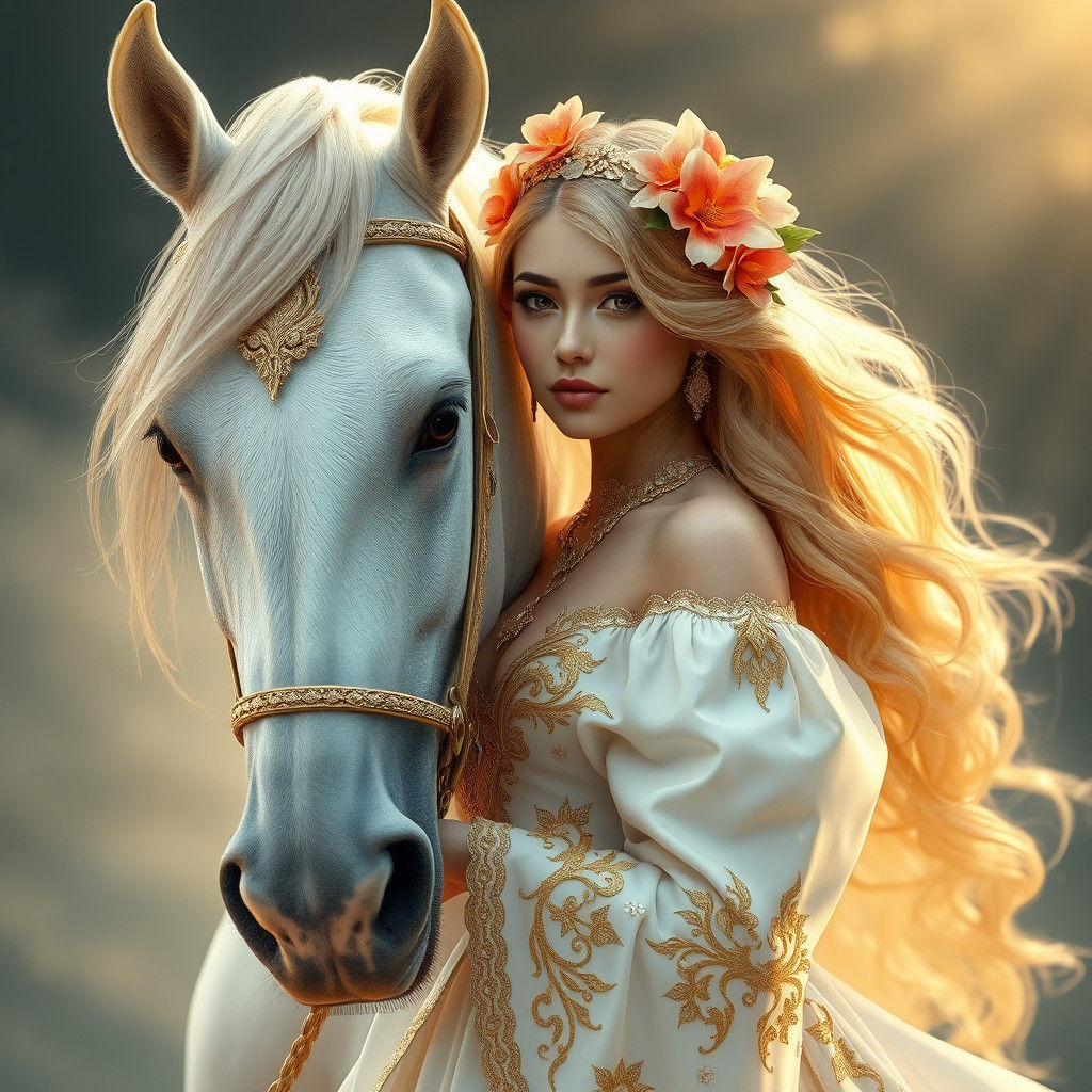 Fantasy Flower Girl and White Horse Portrait