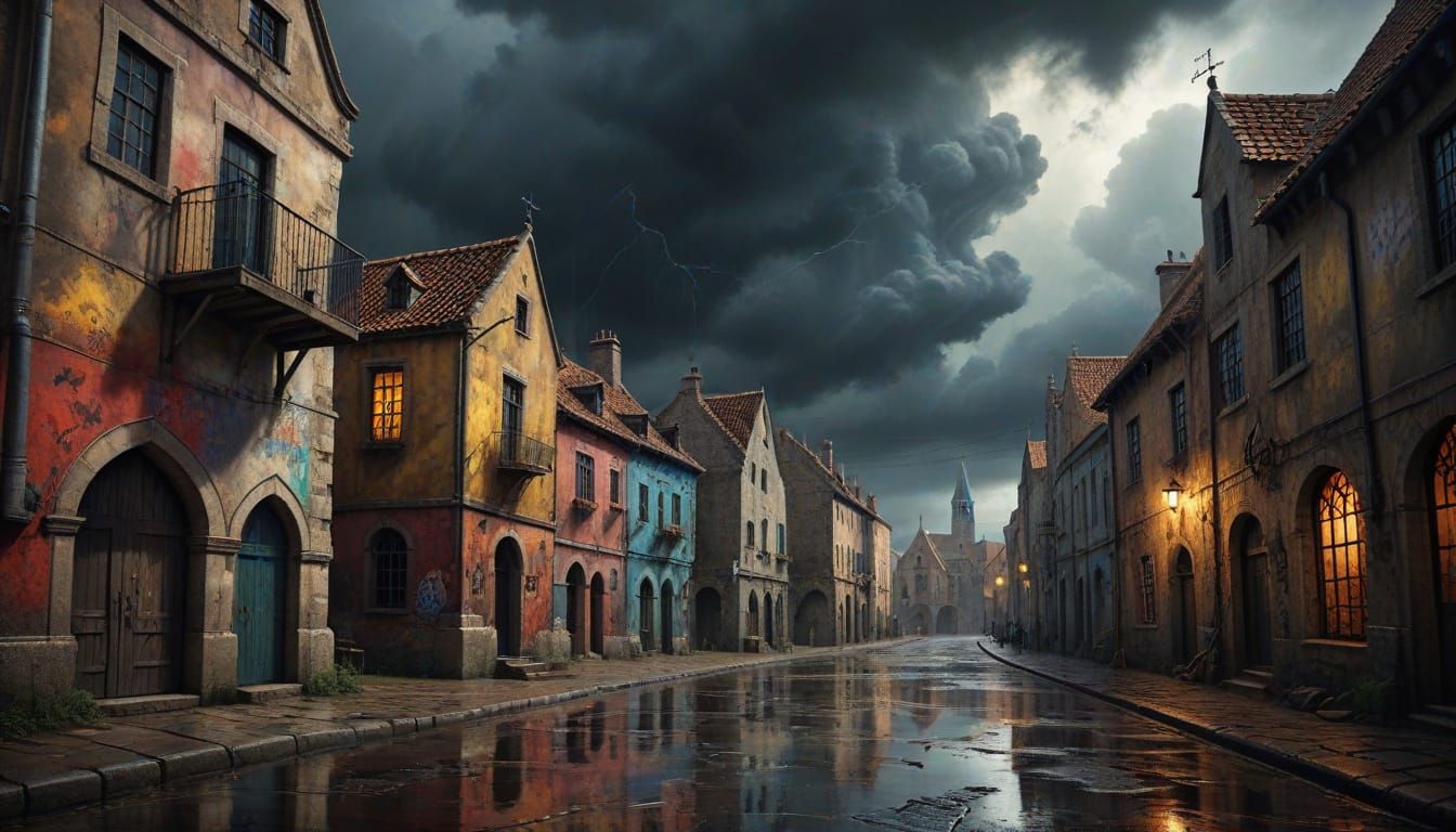 Surreal Street Art on Medieval Buildings, Hyperrealistic Sty...