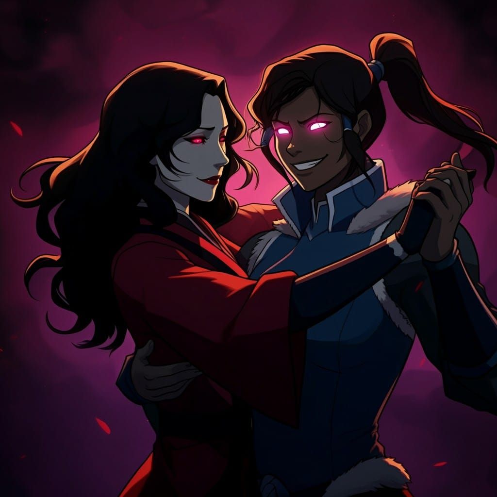 A villainous Avatar Korra smiling maniacally with glowing ey...