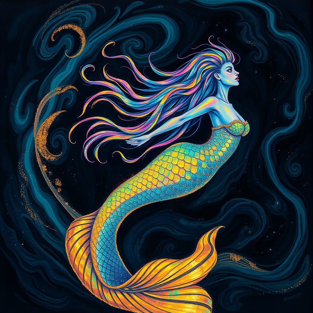 Ethereal Mermaid Illuminates Dark Ocean Depths in Vibrant, I...