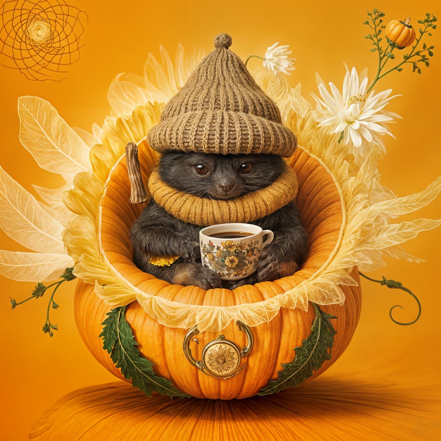 Bumblebee in Pumpkin Flower, Folk-Art Illustration