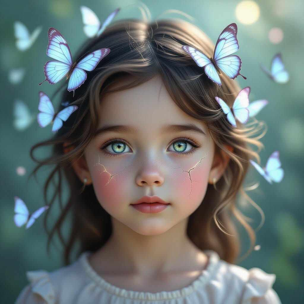 Girl's Face Transformation with Butterflies and Cracked Skin