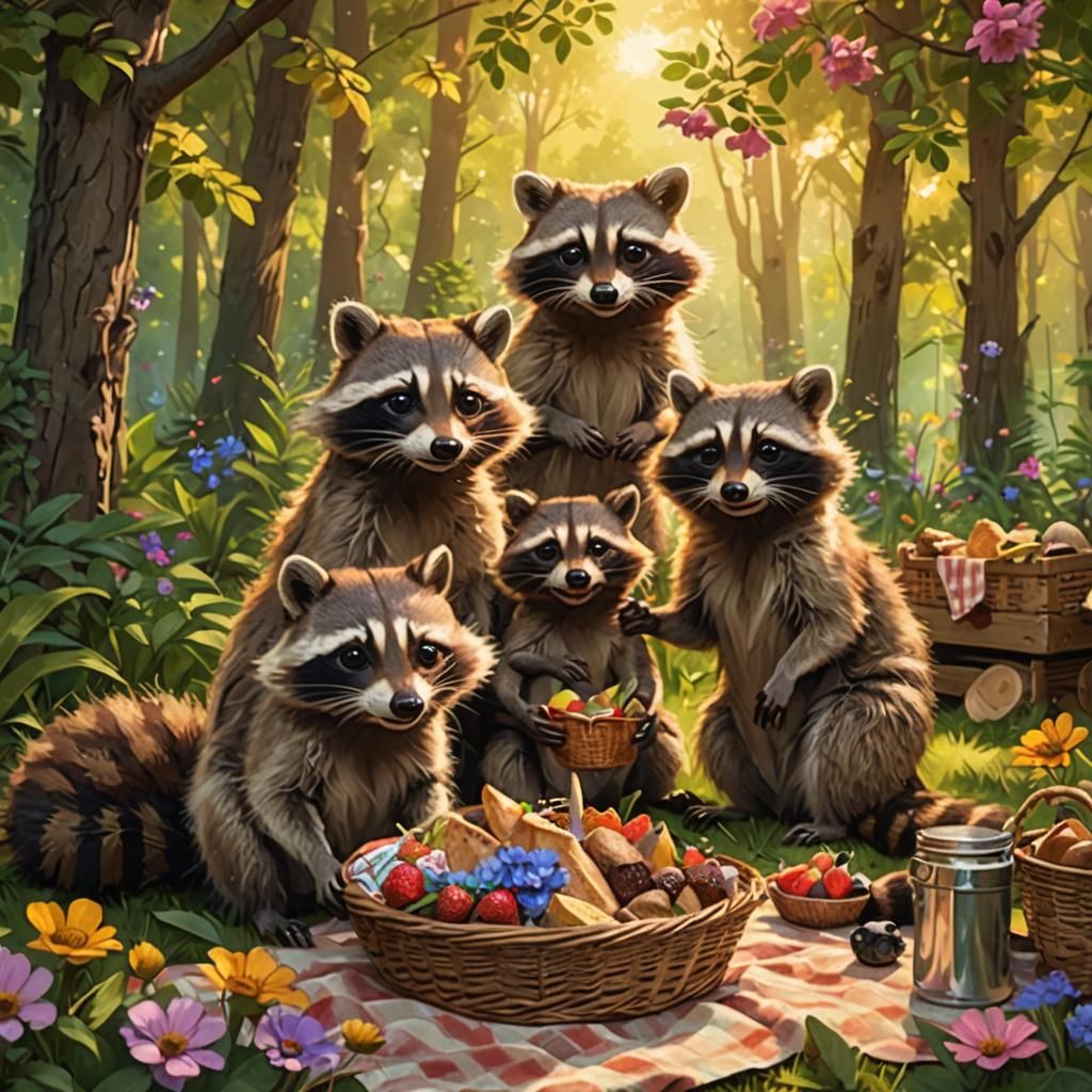 Raccoon Family Picnic in Lush Forest: Digital Art