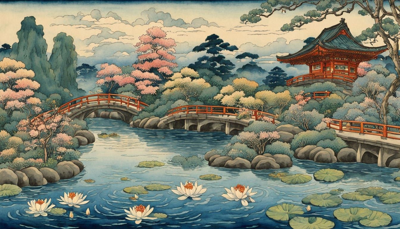Kuniyoshi Style Pagodas and Ponds