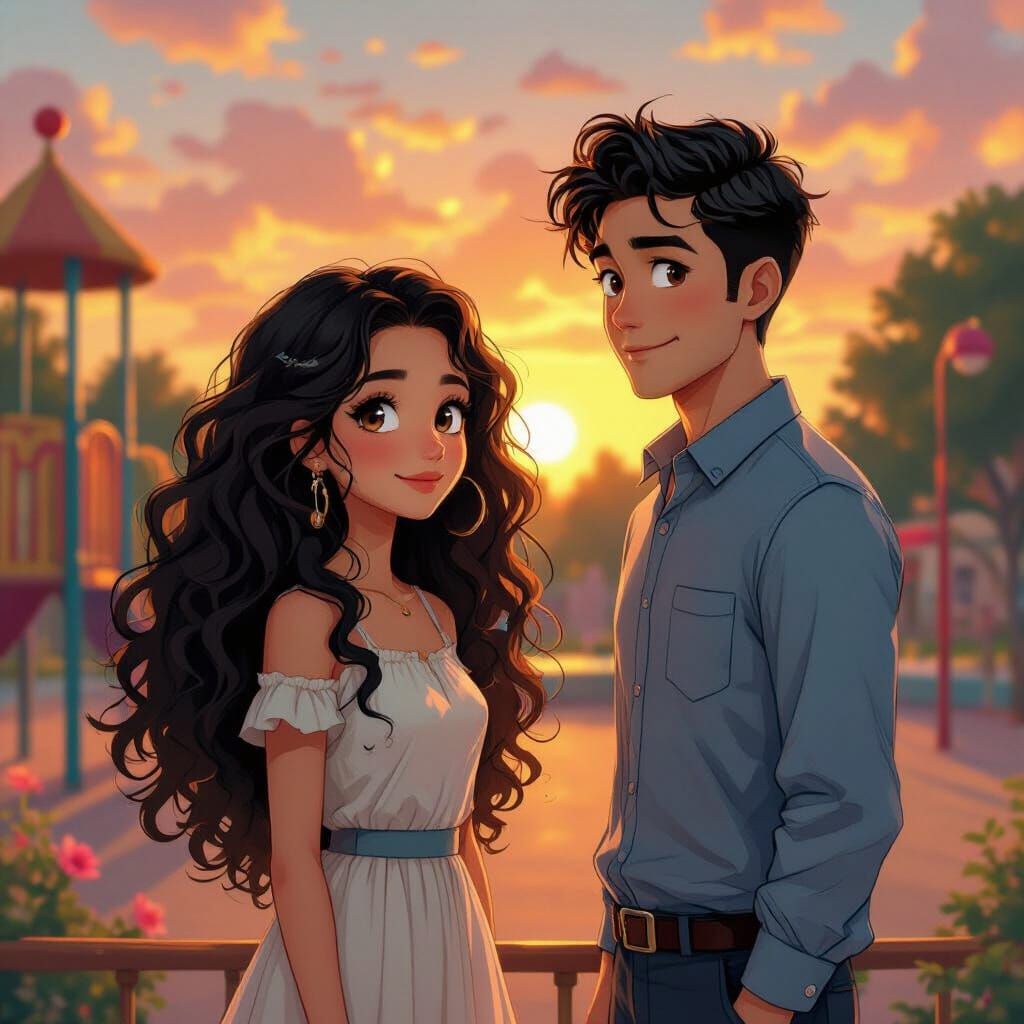 Couple in Playground at Sunset, Dreamy Digital Art