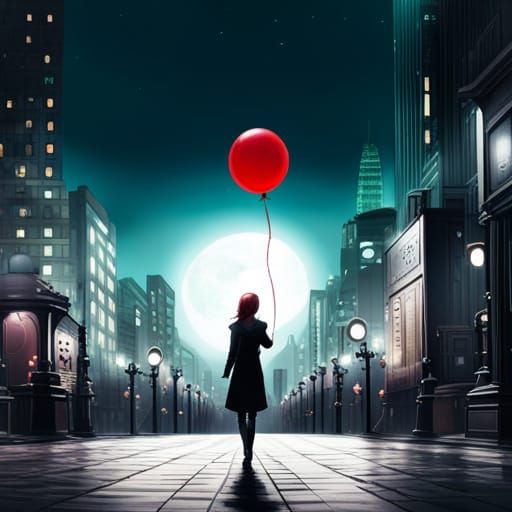 Anime-Style Young Woman with Red Balloon in City