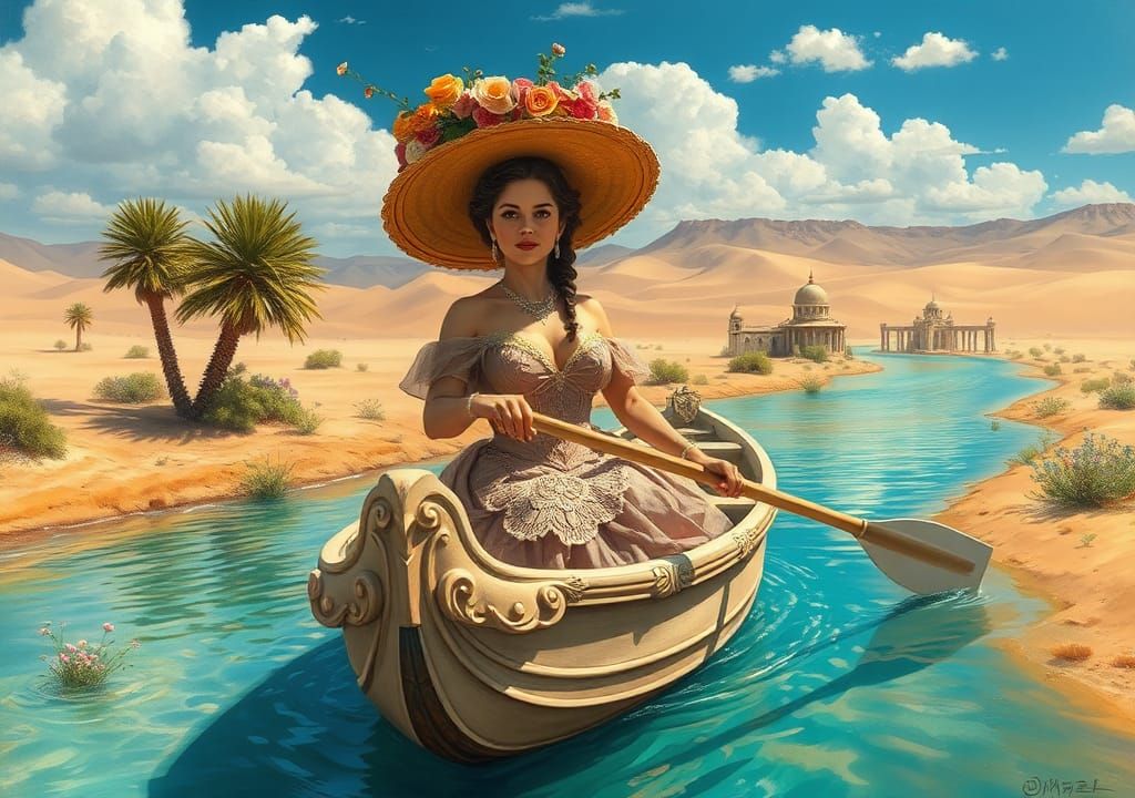 Victorian Lady Rows Boat in Desert River, Oil Painting