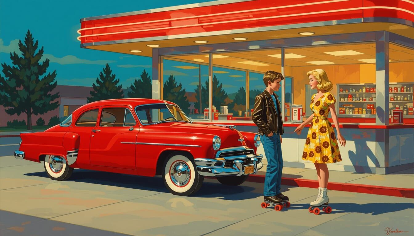 1950s Diner Scene with Retro Car and Roller Skaters